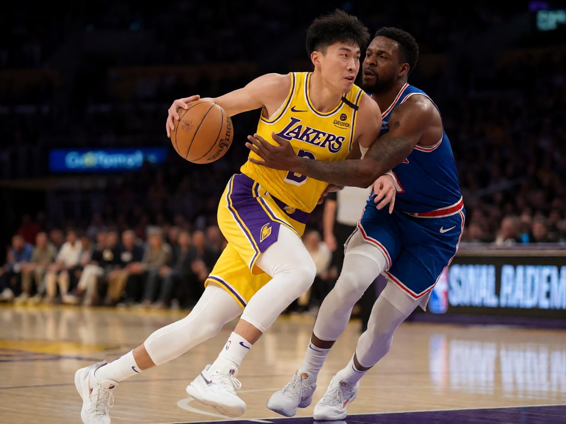 NBA季后赛湖人队球员突破上篮激烈对抗画面